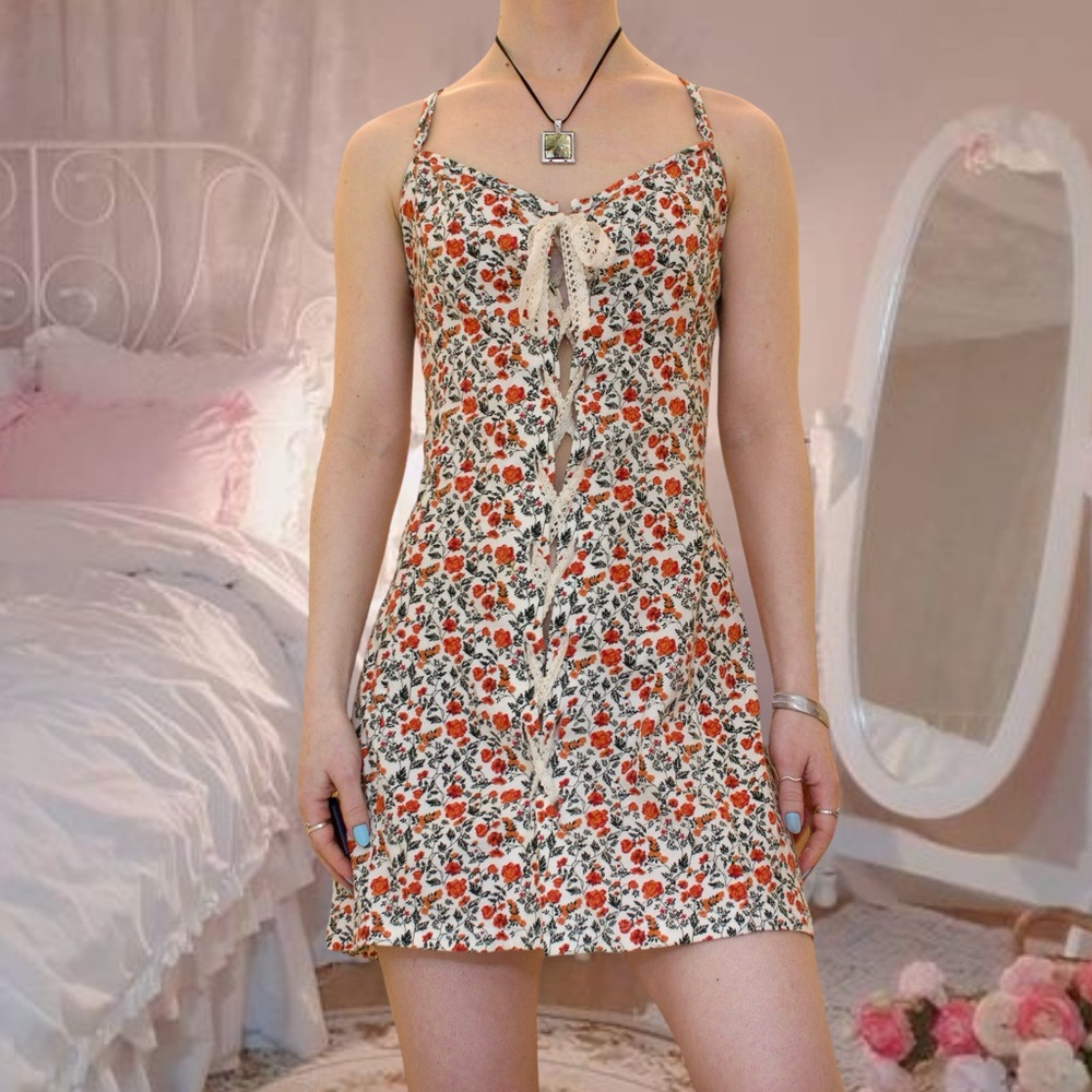 Y2k floral lace up coquette mini dress